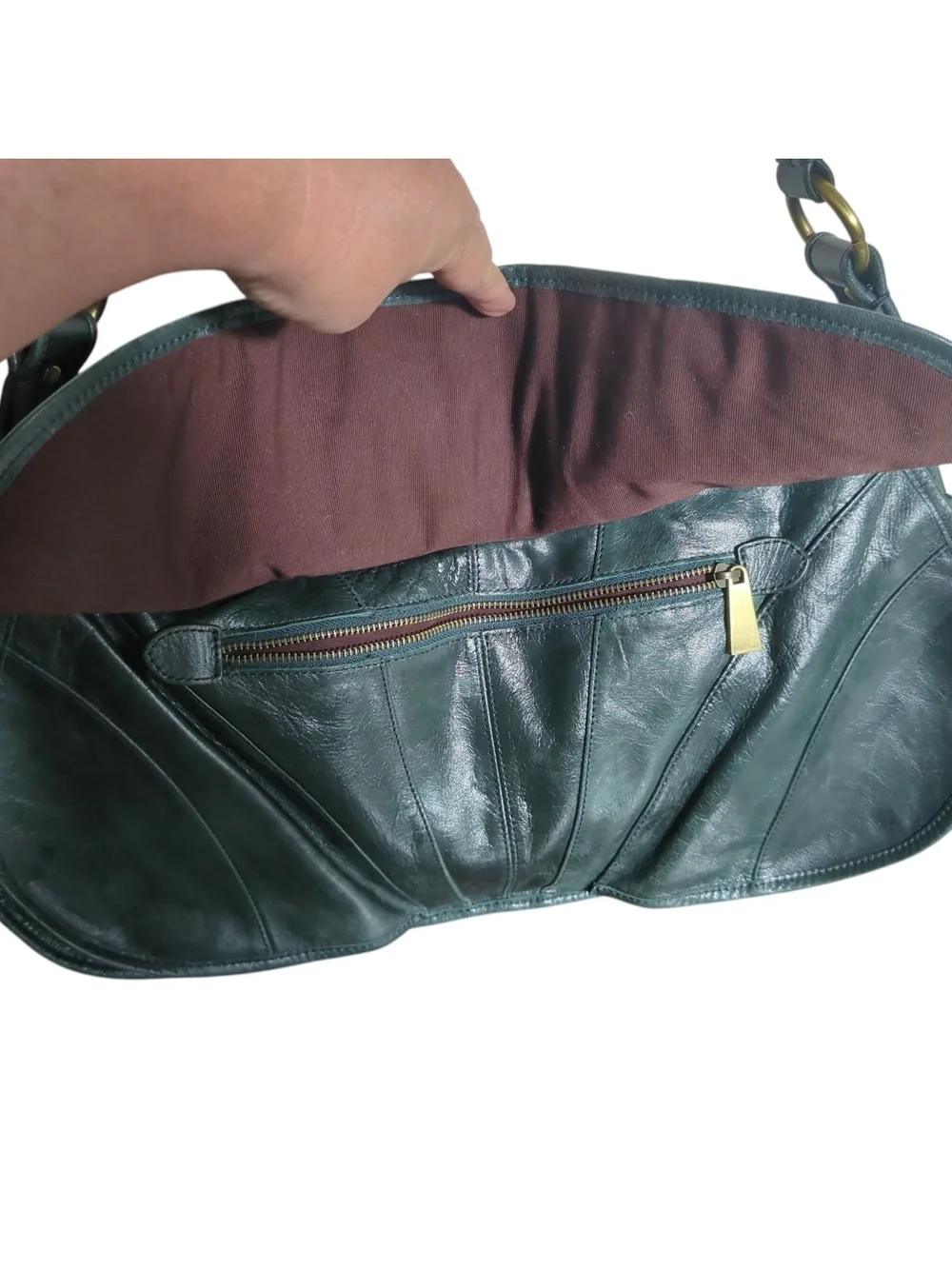 Y2K Trina Turk Dark Green Leather Patchwork Butterfly Crescent Hobo Shoulder Bag